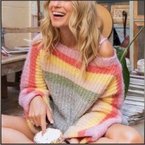 POL Pastel Pink Chunky Rainbow Cake Striped Oversized Sweater Small